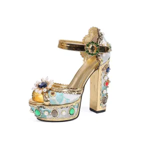 Women Sandals Block Heels Sandals Ladies Diamante Crystal Jewel Shoes Genuine Leather Sandals Femme Luxury Designer Big Size