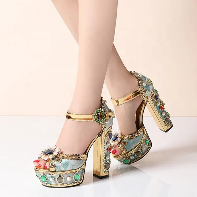 Women Sandals Block Heels Sandals Ladies Diamante Crystal Jewel Shoes Genuine Leather Sandals Femme Luxury Designer Big Size