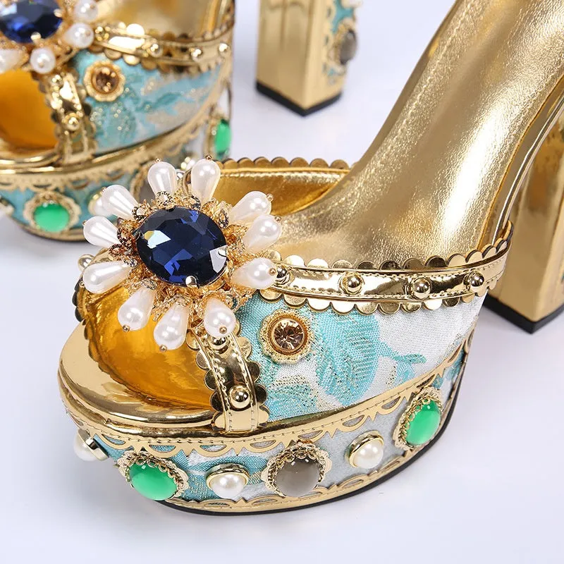 Women Sandals Block Heels Sandals Ladies Diamante Crystal Jewel Shoes Genuine Leather Sandals Femme Luxury Designer Big Size
