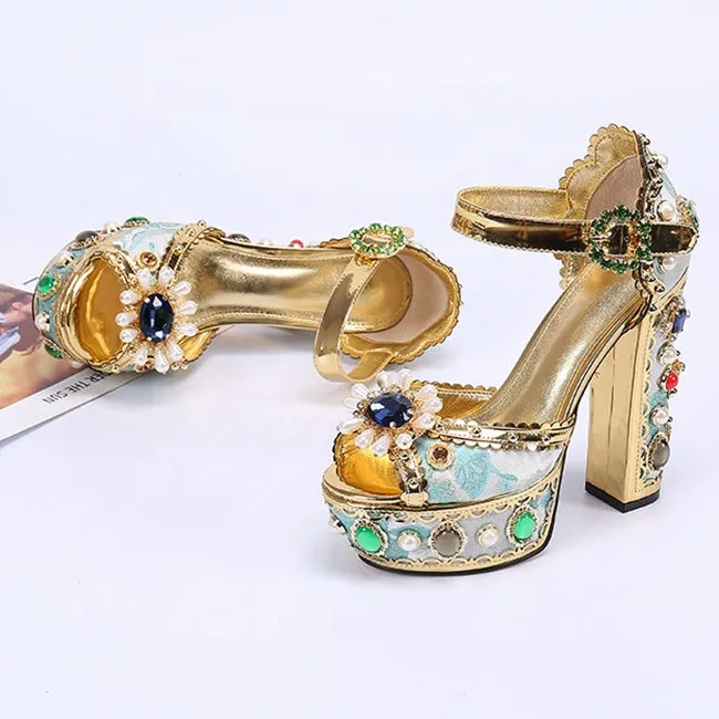 Women Sandals Block Heels Sandals Ladies Diamante Crystal Jewel Shoes Genuine Leather Sandals Femme Luxury Designer Big Size