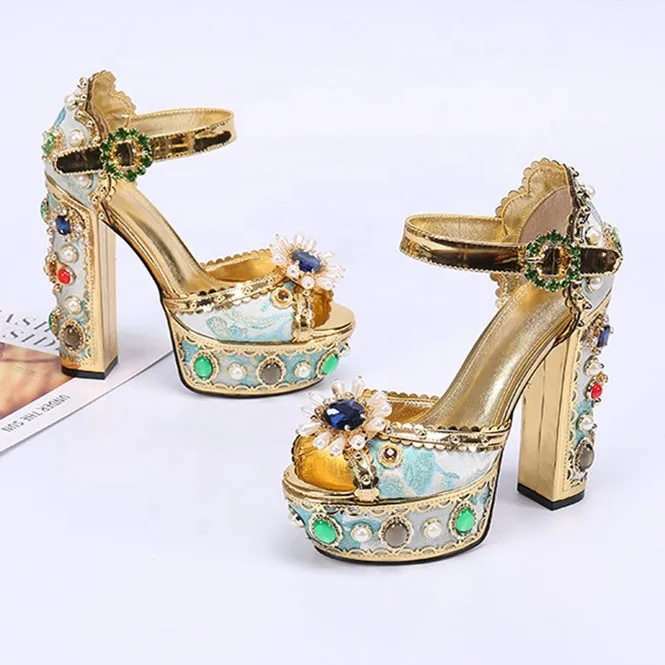 Women Sandals Block Heels Sandals Ladies Diamante Crystal Jewel Shoes Genuine Leather Sandals Femme Luxury Designer Big Size