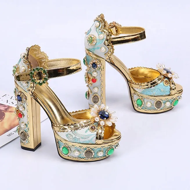 Women Sandals Block Heels Sandals Ladies Diamante Crystal Jewel Shoes Genuine Leather Sandals Femme Luxury Designer Big Size