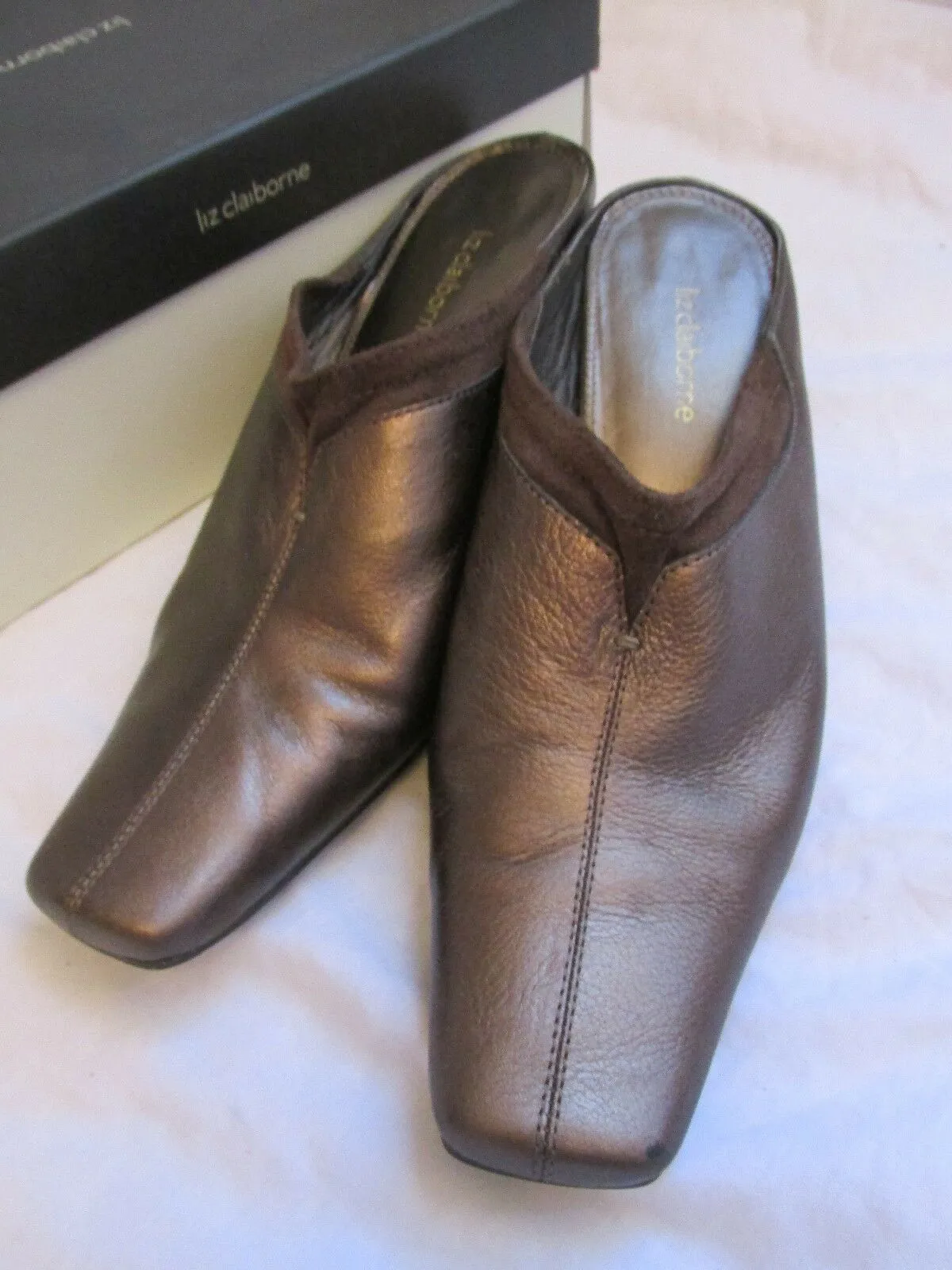 WOMEN'S LIZ CLAIBORNE MARGARETE SLIP-ON MULES/HEELS BRONZE LEATHER SIZE 8.5