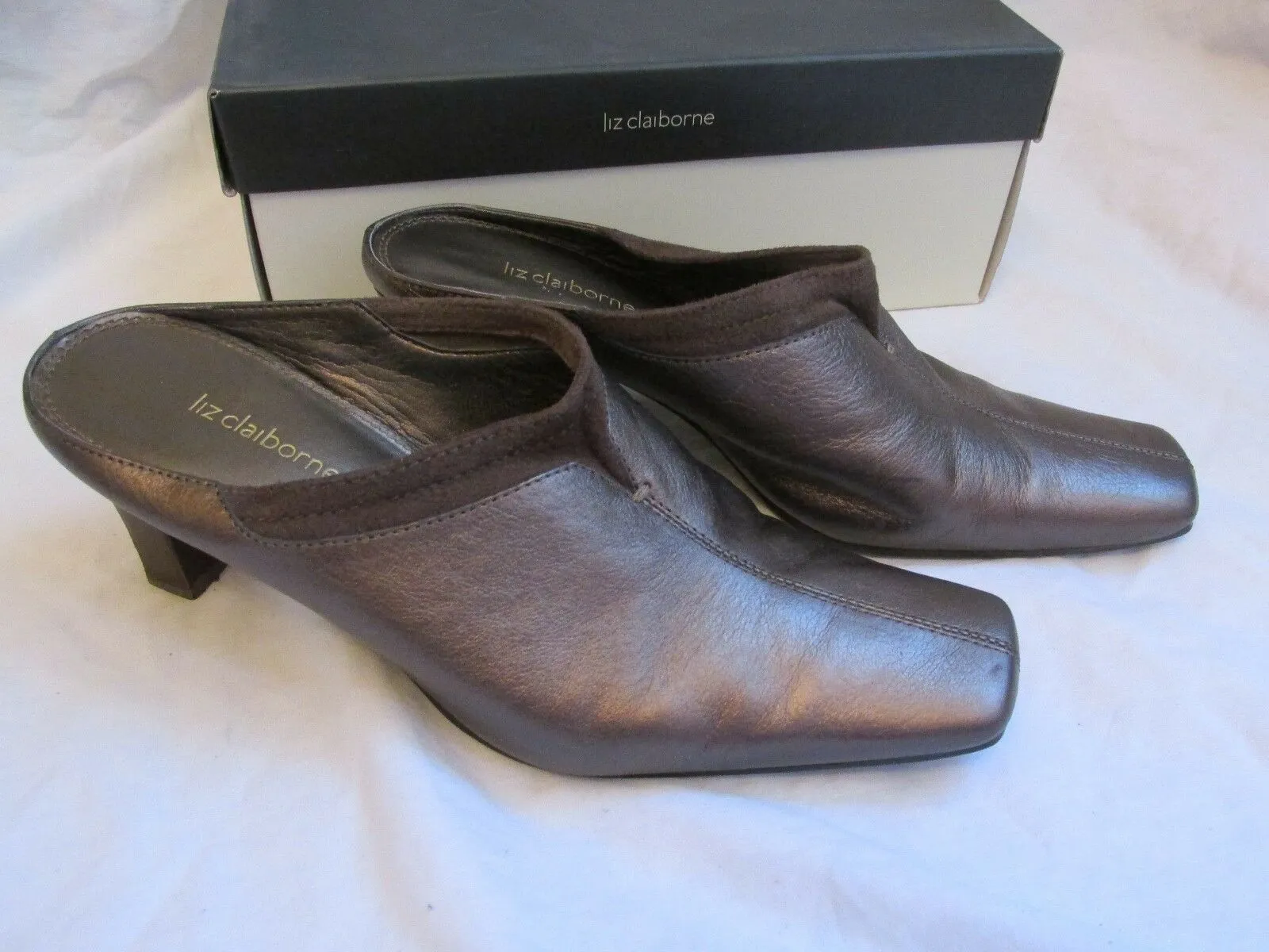 WOMEN'S LIZ CLAIBORNE MARGARETE SLIP-ON MULES/HEELS BRONZE LEATHER SIZE 8.5