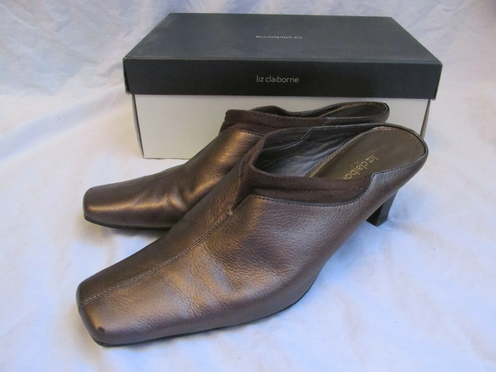 WOMEN'S LIZ CLAIBORNE MARGARETE SLIP-ON MULES/HEELS BRONZE LEATHER SIZE 8.5
