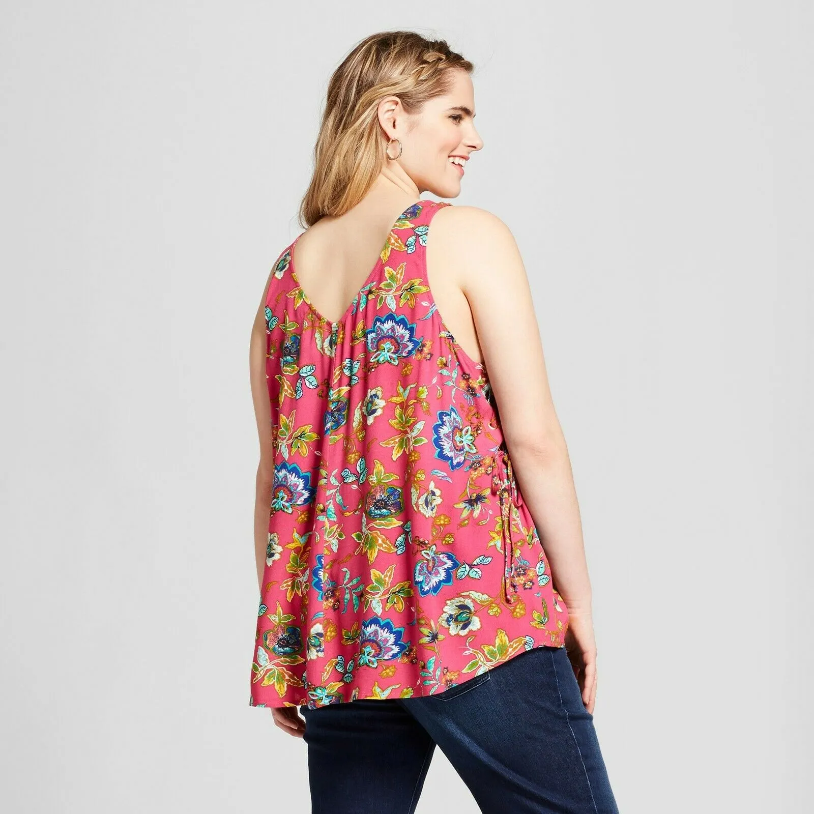 Xhilaration Women's Plus Size Floral Print Side Lace Up Tank Top Blouse